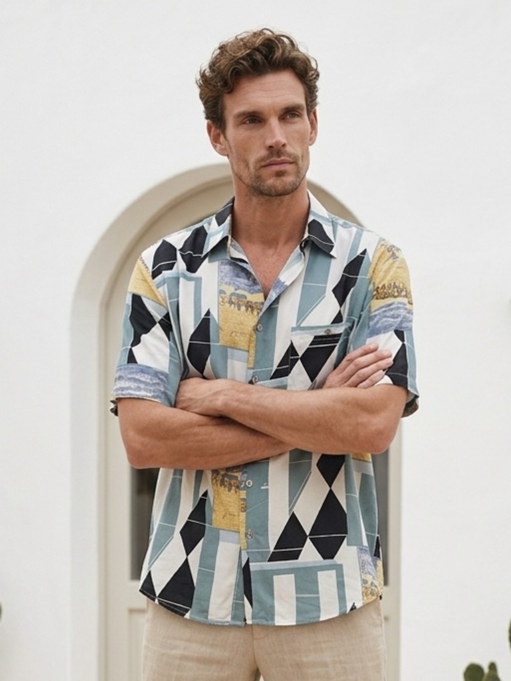Geometric Print Short-Sleeve Button-Down Shirt in Teal, Yellow & Black 💯 silk